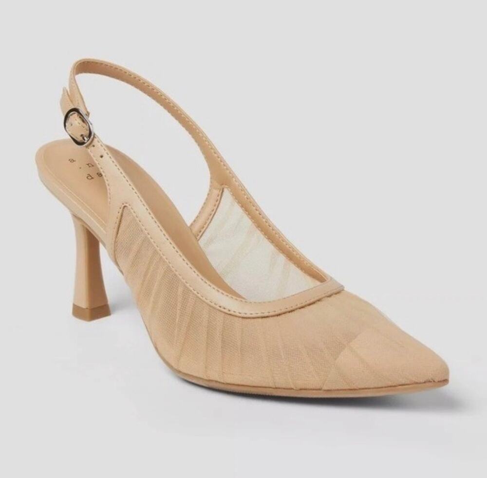 A New Day Abigail Mesh Pleated Sling Back Pump Heel Sheer Nude Toe 9.5